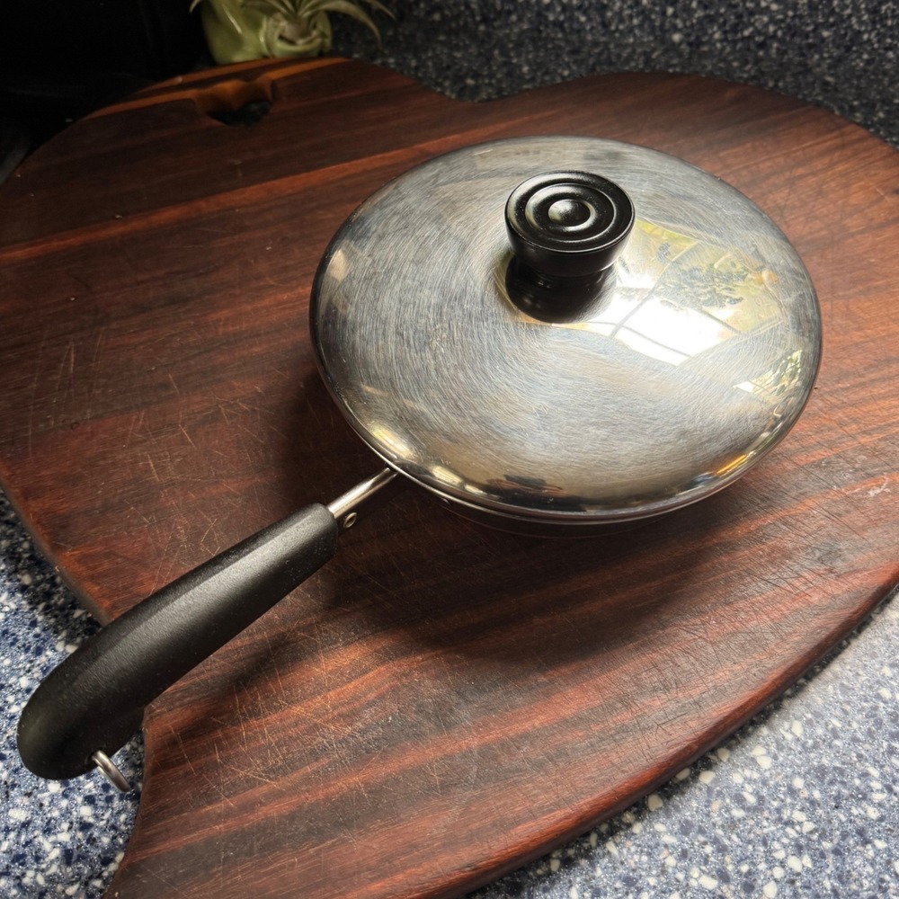 Vintage REVERE WARE 1801 Copper Bottom 7" Skillet Pan w/ Lid Stainless Steel USA